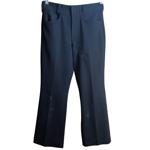 28x29 Vintage Black 1970's Stretch Knit Flared Pants Hook & Zipper Polyester - Picture 1 of 6